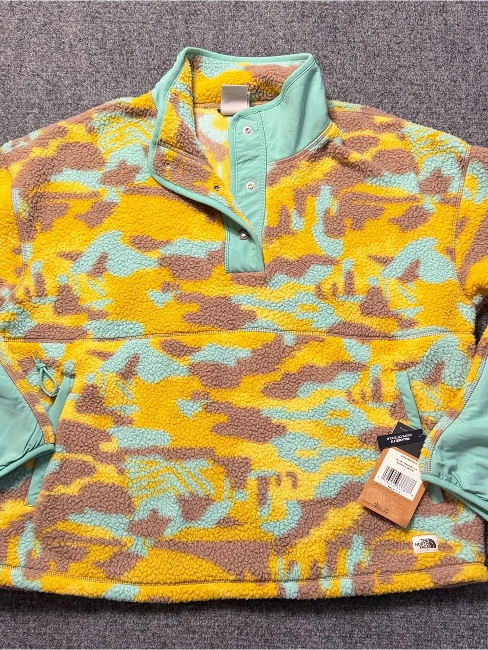 The North Face Womens Sz Large  Cragmont Camo 1/4 Snap Fleece Jacket Yellow Teal